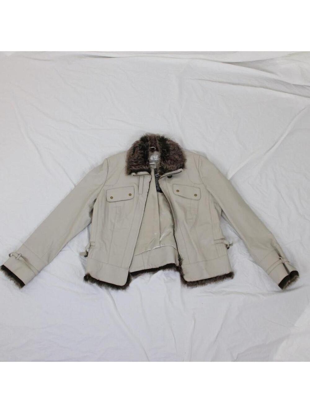 Vintage Deadstock nwt Spiegel Cream leather jacket with fur trim. Size: L
